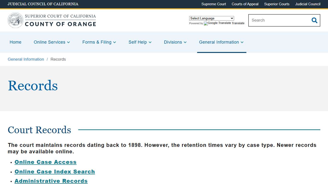 Records Superior Court of California County of Orange